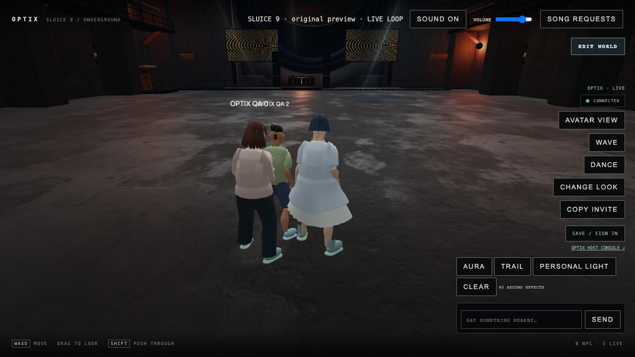 Earlier SLUICE 9 runtime capture with two installed OPTIX projections and multiplayer characters